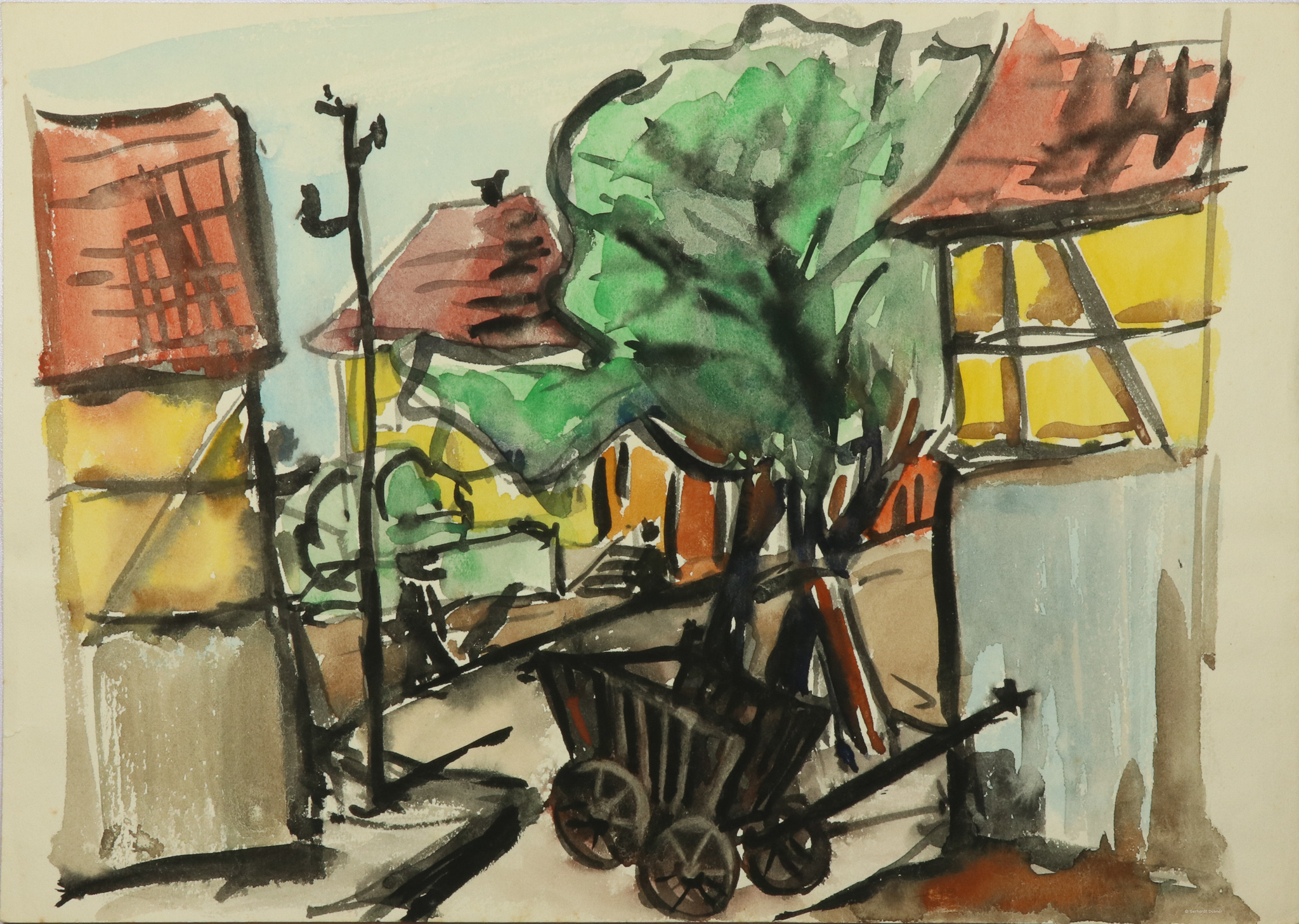 Dorfstraße mit Leiterwagen